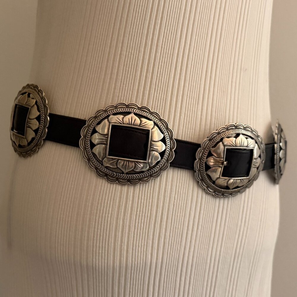 BRIGHTON 1993 Women's Black Belt Silver Concho Sunflower Western L 30-33”waist B